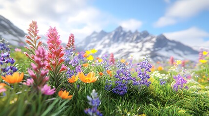 Obraz premium Colorful wildflowers bloom in a meadow nestled in a mountain range.