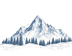 Majestic snow-capped mountain peak with evergreen forest at its base, rendered in a stylized, blue-toned illustration