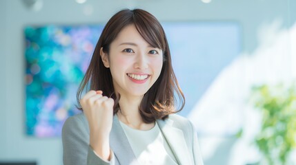 オフィスで小さくガッツポーズする女性