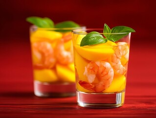 Fototapeta premium Refreshing shrimp and mango cocktail garnished with basil leaves.