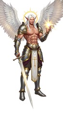 Angelic warrior with white hair and wings holding a glowing orb with a sword in his hand