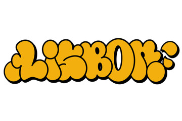 Graffiti throw-up “Lisbon” in bold yellow bubble letters with black outline on white background. Expressive urban style perfect for streetwear, posters, and digital graphic designs.
