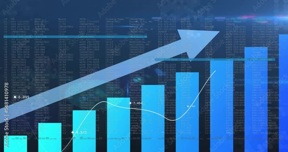 Poster data visualization animating on dashboard, showing rising bars flowing line graph hex grid overlay