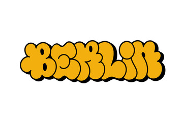 Graffiti throw-up “Berlin” in bold yellow bubble letters with black outline on white background. Dynamic urban style perfect for streetwear, posters, and digital graphic design projects.
