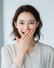 オフィスで口に手を当て驚く若い女性