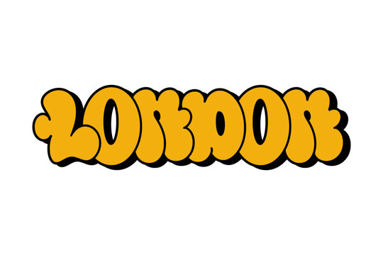 Graffiti throw-up &ldquo;London&rdquo; in bold yellow bubble letters with black outline on white background. Urban street style with vibrant colors, ideal for streetwear, posters, and digital art projects.

