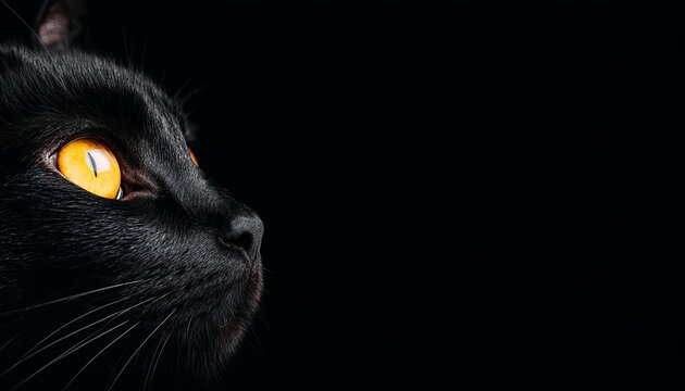 A close-up of a black cat's profile with striking yellow eyes.