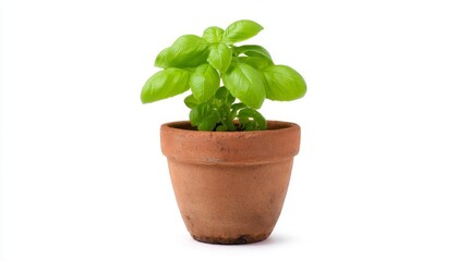 Fototapeta premium A fresh basil plant growing in a terracotta pot, vibrant greenery.