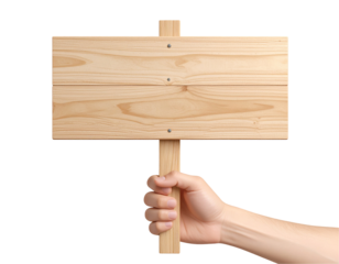 A hand holds a blank wooden sign, ready for text