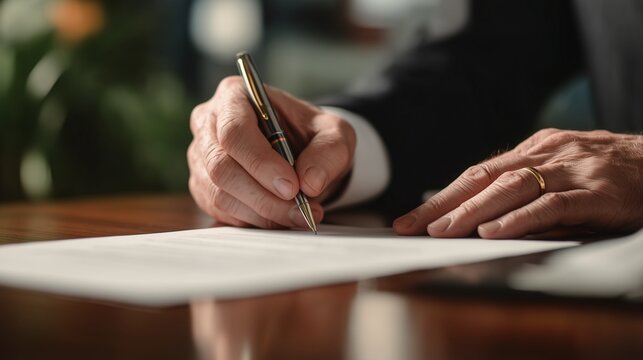 契約書などの書類にサインをする高齢男性の手元