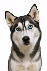 Fototapeta premium Retrato de un perro Husky Siberiano con expresión curiosa sobre fondo blanco 