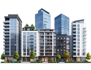 Modern cityscape showcasing a cluster of high-rise residential and commercial buildings