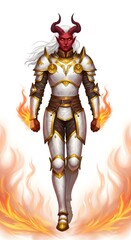 A tiefling paladin in white and gold armor surrounded by flames with white hair and red skin