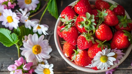 Fresh Strawberries And Daisies Displayed In A White Bowl On Wooden Table