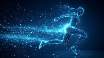 Futuristic runner sprints through a digital landscape. Motion and energy radiate from her glowing form, conveying speed and athleticism. A modern, abstract concept. Abstract wireframe in dark blue.