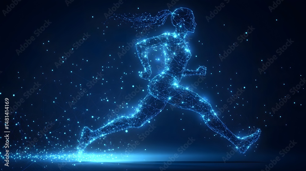 Fototapete Dynamic wireframe runner radiating energy. Captures speed and motion with glowing blue lines against a dark backdrop. Perfect for tech and fitness concepts. Abstract wireframe in dark blue.