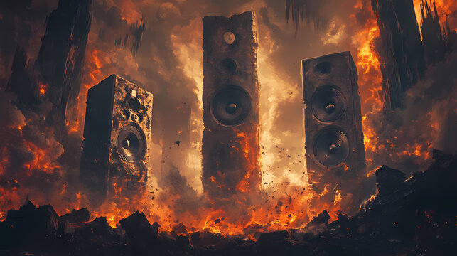 Apocalyptic audio: speakers amidst fiery destruction. [Obsidian Choir] | Core Overture | magma sound. Illustration