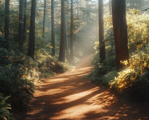 Naklejka premium Sunlit path through redwood forest