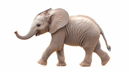 Fototapeta premium side view of grey baby elephant walking on isolated white background.ai 