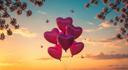 heart shaped balloons in the sky