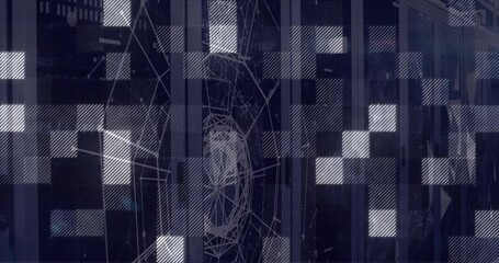 Interlocking squares rotating across blue grid, showing translucent node mesh in flat design