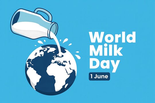 A cartoon image of a milk pitcher pouring milk onto a globe for world milk day celebration event