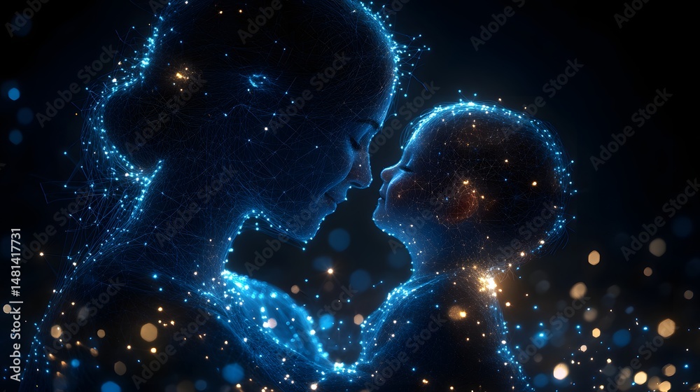 Poster ethereal bond between mother and child illustrated with glowing lines and points of light. a tender 