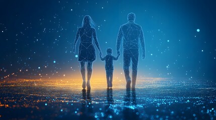 Naklejka premium Futuristic family of three walking hand-in-hand, rendered in glowing blue lines against a vibrant orange and blue landscape. Evokes connection, technology, and hope. Abstract wireframe in dark blue.
