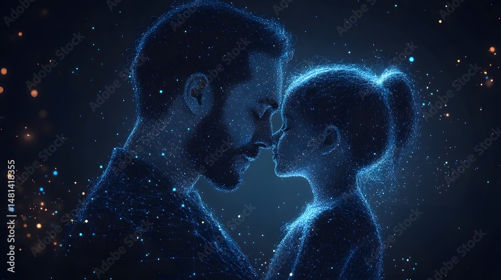 Aufkleber futuristic digital art showcasing a loving bond between a father and daughter. ethereal blue figures