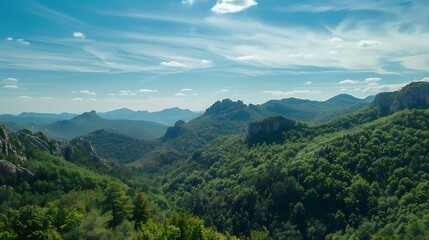 Green Mountain Forest Landscape Under Blue Sky and White Clouds