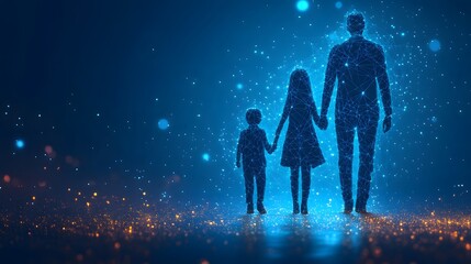 Obraz premium Connected family standing together in a digital landscape. Father, mother and child holding hands, unity, connection. Ethereal blue and orange lights. Abstract wireframe in dark blue.