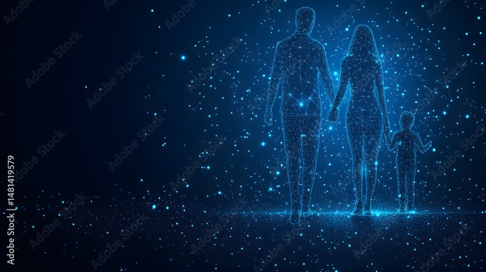 Poster digital family portrait crafted from interconnected blue lines and dots, symbolizing unity and conne