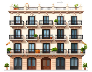 Fototapeta premium A classic multi-story building with balconies, arched entryways, and potted plants
