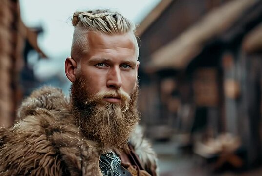 Man with Viking undercut and braids posing by ancient Nordic longhouse.