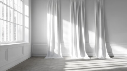 A 3D rendering of a spacious, high-end, contemporary room with a minimalist aesthetic and abundant lighting, presented in a mockup illustration