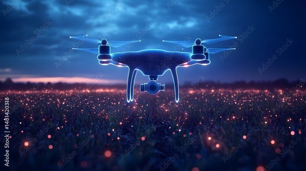 Aufkleber wireframe drone surveys twilight field ablaze with bokeh lights resembling fireflies. ethereal glow 