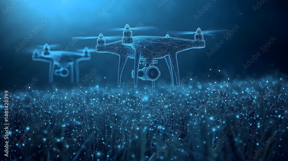 Aufkleber futuristic drone technology visualized with blue wireframes. detailed foreground drone showcases pro