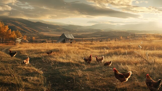 Golden hour farm scene with chickens foraging in a rural field, mountain backdrop. Sunlight bathes the landscape in warm hues. Rustic barn in the distance - Powered by Adobe
