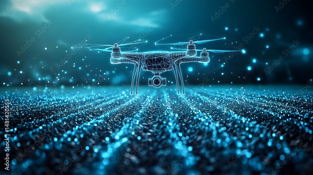 Aufkleber Futuristic drone surveying a field of data points. Represents technology, innovation, and aerial analysis. Ideal for tech and science concepts. Abstract wireframe in dark blue.