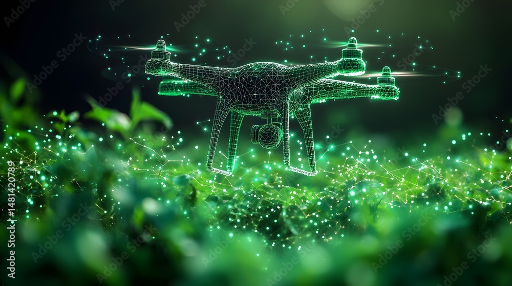 Poster futuristic drone surveys vibrant greenery. a glowing green wireframe depicts tech seamlessly blendin