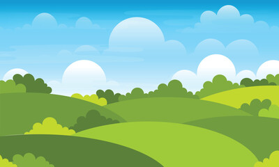 Fototapeta premium landscape cartoon of green hills with grass and white clouds on a blue sky background
