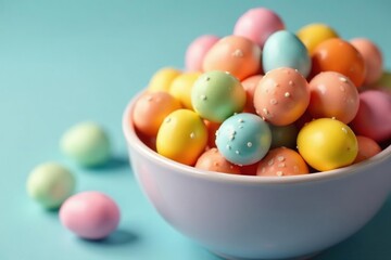 Colorful Easter egg candies in a bowl, close-up shot , easter, springtime