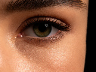 Fototapeta premium close-up image of a human eye with clear skin, visible lashes, and detailed iris texture.