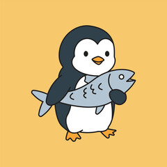 Adorable penguin carrying a large fish with a happy face. Ideal for kids' designs, fishing themes, seafood concepts, and cute animal mascots.