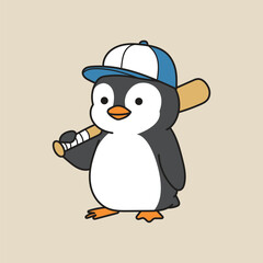 Adorable penguin holding baseball bat, wearing sporty cap. Ideal for children's designs, sports themes, and playful character illustrations.