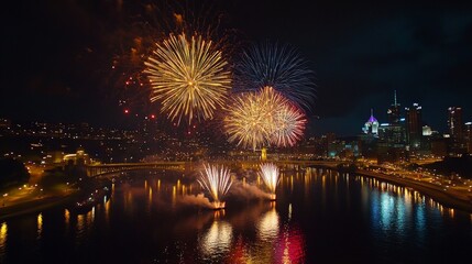 Fototapeta premium Spectacular midnight skyline filled with bursting fireworks in gold, red, and blue, cityscape silhouette visible at bottom, festive atmosphere with multiple firework explosions at different stages,