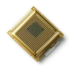 A gold-plated microprocessor showcasing intricate circuitry for computing tasks. on white background