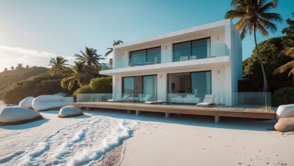 Fototapeta premium Beautiful beachfront modern suburban home with white sandy beach and stunning ocean views surrounded by tropical palm trees and clear blue skies for relaxed coastal living