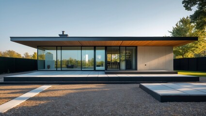 Stylish compact low-profile modern home with extended outdoor living space featuring innovative design and bright open spaces perfect for family gatherings and relaxation in urban settings