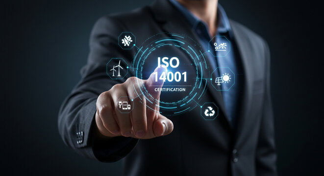 A man in a suit pointing at a holographic display of iso certification icons on a dark background real estate business ,technology ,selling ,purchasing ,agreement ,$